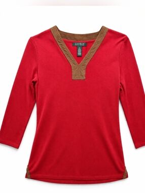 Lauren Ralph Lauren Suede Trim V-Neck Top Red 3/4 Sleeve Cotton Size M